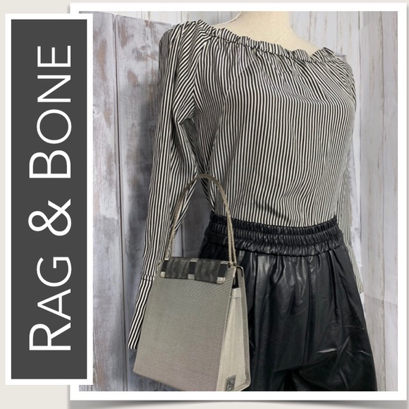 Rag & Bone Silk “Greta” Blouse in Black & White, Thin-Stripes, Off-the-Shoulder - Picture 3 of 10